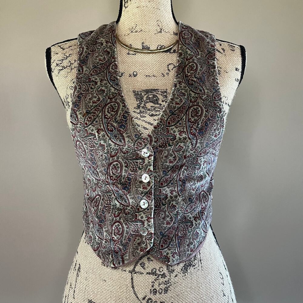 1970s Vintage The Strawberry Plant Velvet Paisley Hippie Graphic Print Vest VTG
